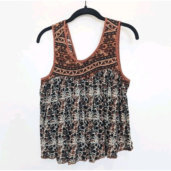 Free People Lucky Coin Tank Top Brown Floral Linen Small - Picture 2 of 8